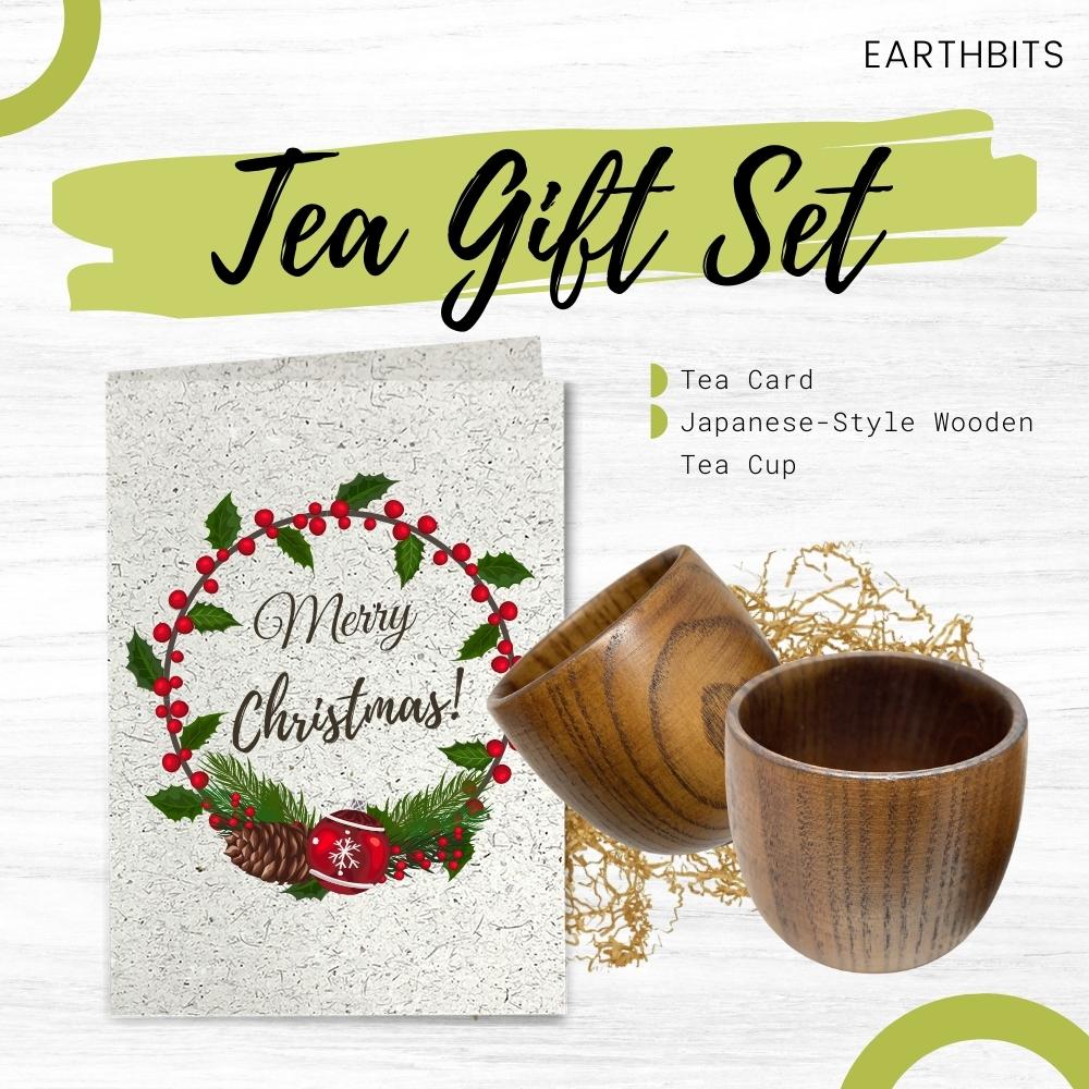 Tea Gift Set: Tea Greeting Card and Japanese-Style Wooden Tea Cup