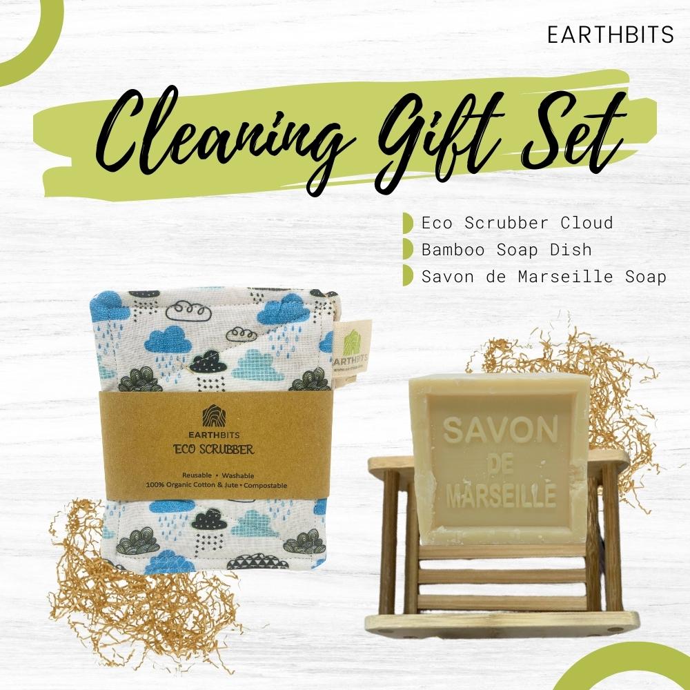 Cleaning Gift Set: Eco Scrubber Cloud, Bamboo Soap Dish and Savon de Marseille Soap