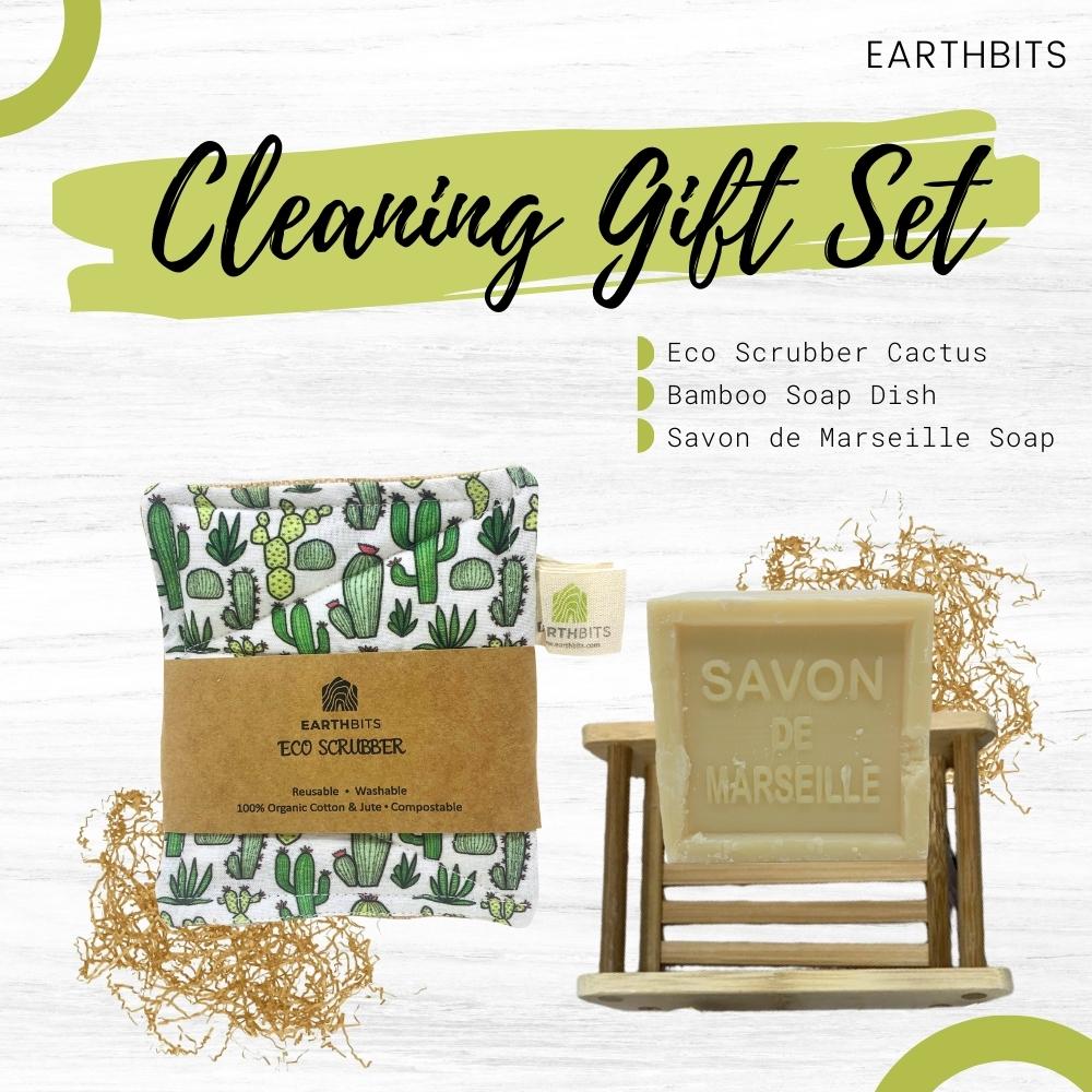 Cleaning Gift Set: Eco Scrubber Cactus, Bamboo Soap Dish and Savon de Marseille Soap