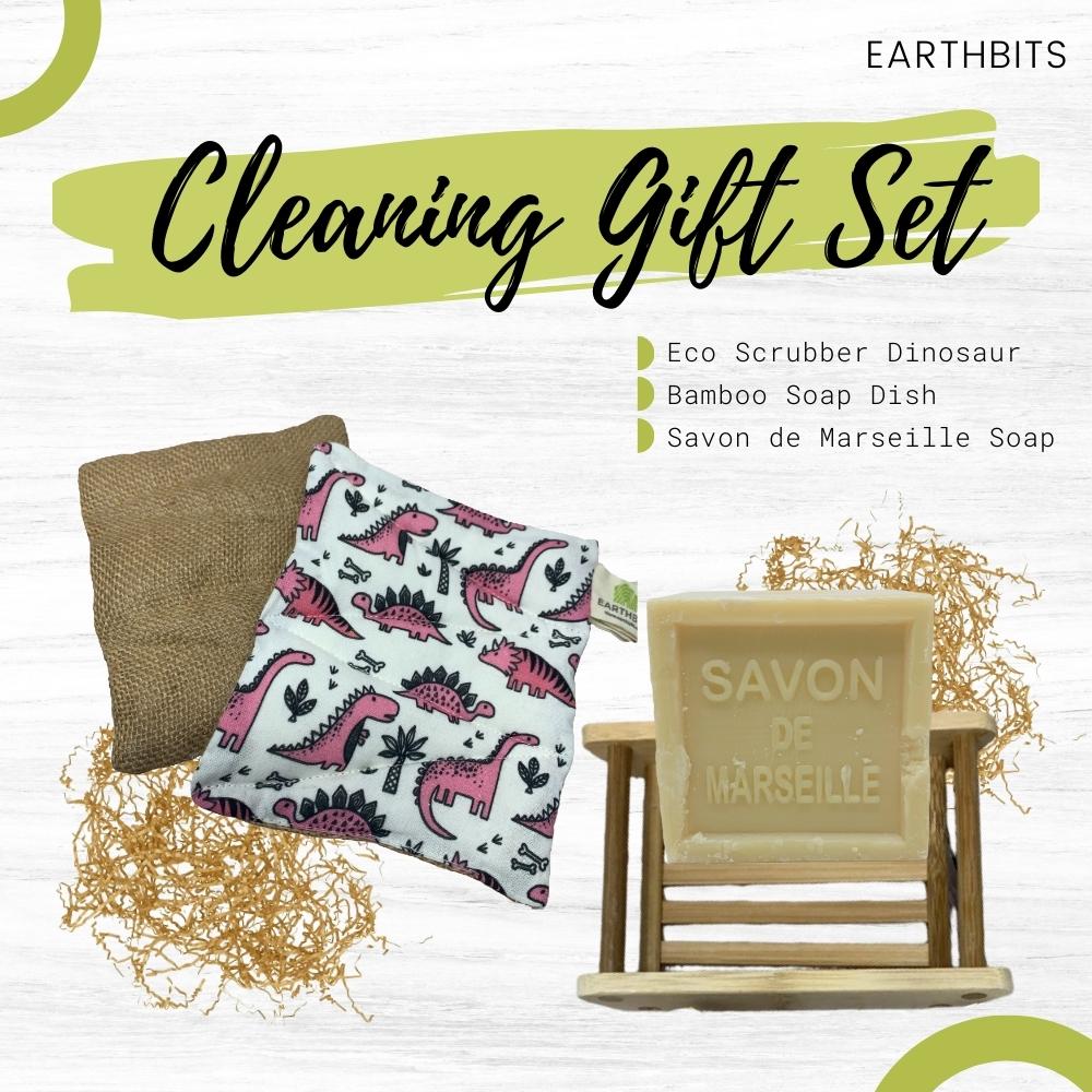 Cleaning Gift Set: Eco Scrubber Dinosaur, Bamboo Soap Dish and Savon de Marseille Soap