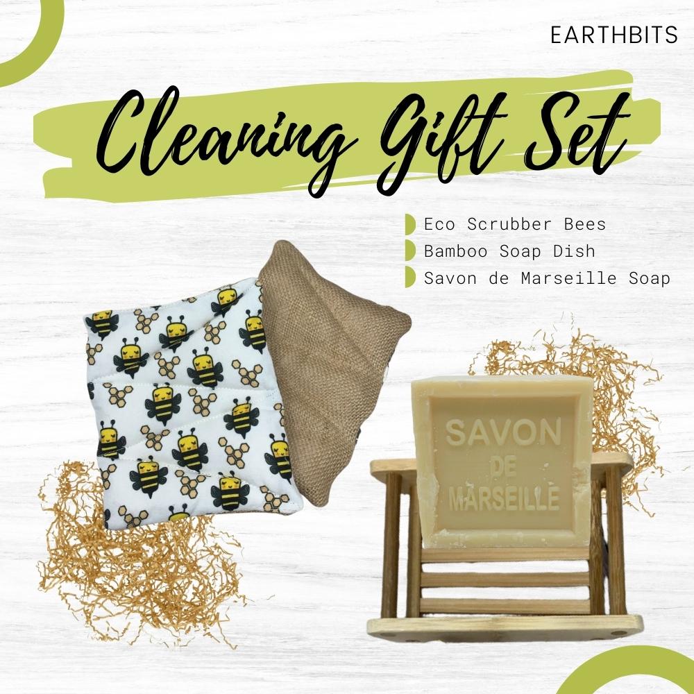 Cleaning Gift Set: Eco Scrubber Bees, Bamboo Soap Dish and Savon de Marseille Soap
