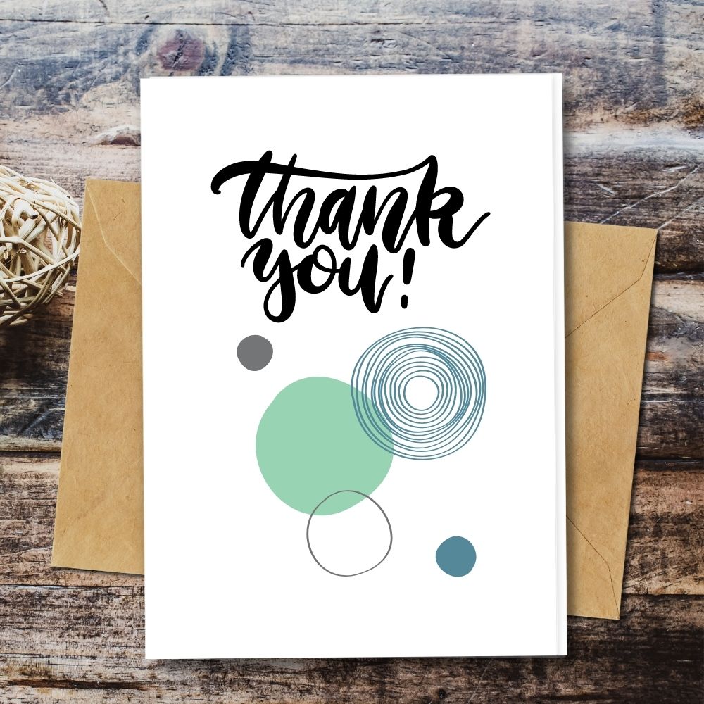 Thank you card with blue bubbles made with seeded recycled paper