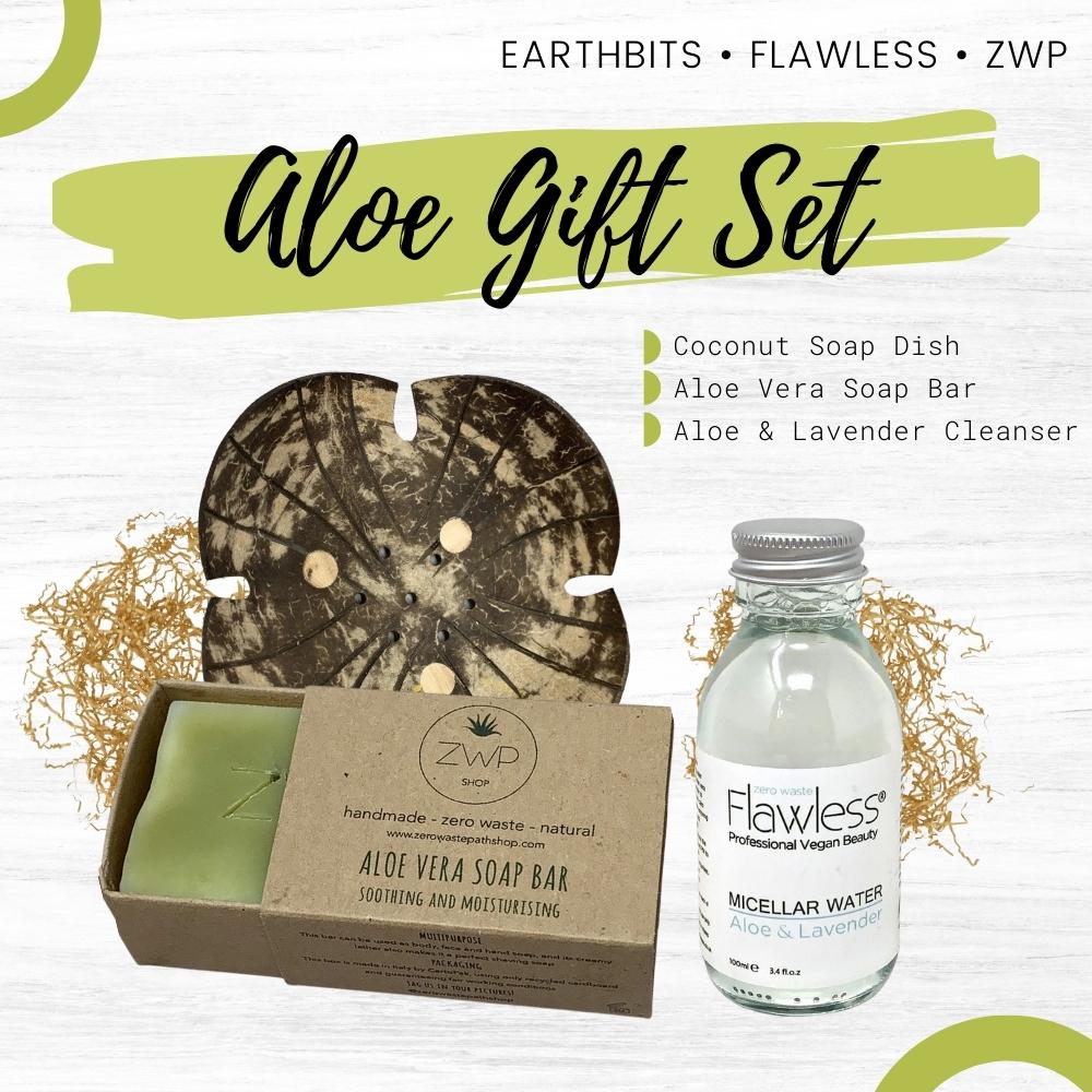 Bamboo Soap Dish, Aloe Soap Bar &amp; Aloe Lavender Cleanser Bundle Gift Set