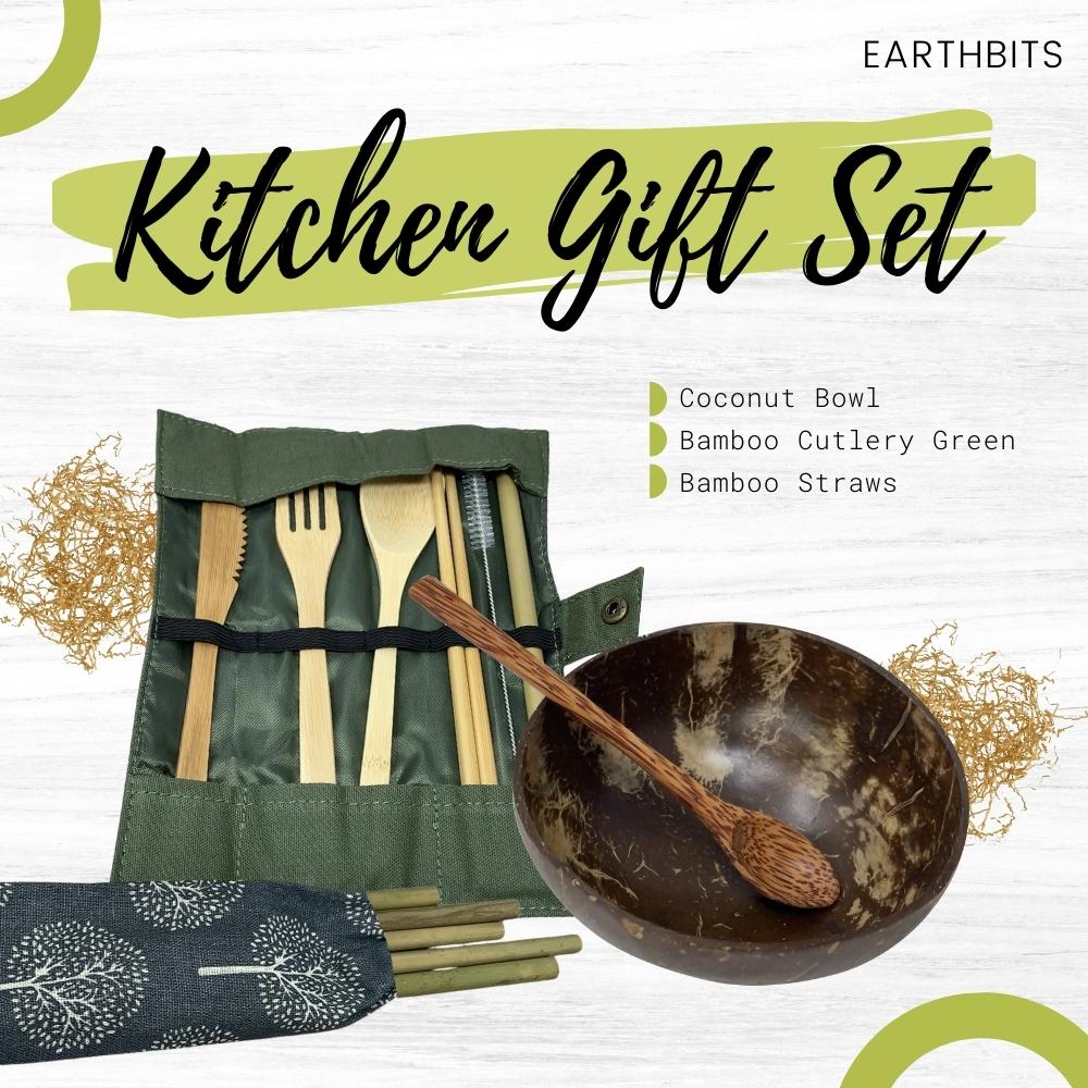 Eco Kitchen Bamboo Cutlery, Bamboo Straw and Coconut Bowl Bundle Gift Set