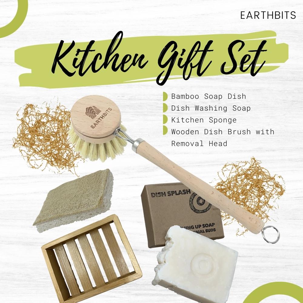 Bamboo Soap Dish-2, Dish Washing Soap, Kitchen Sponge and Wooden Brush Bundle Gift Set