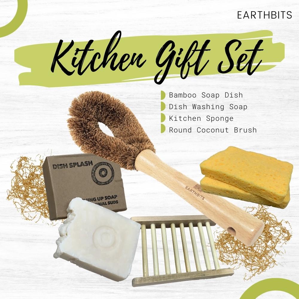 Soap Dish-3, Dish Washing Soap, Kitchen Sponge and Round Coconut Brush Bundle Gift Set