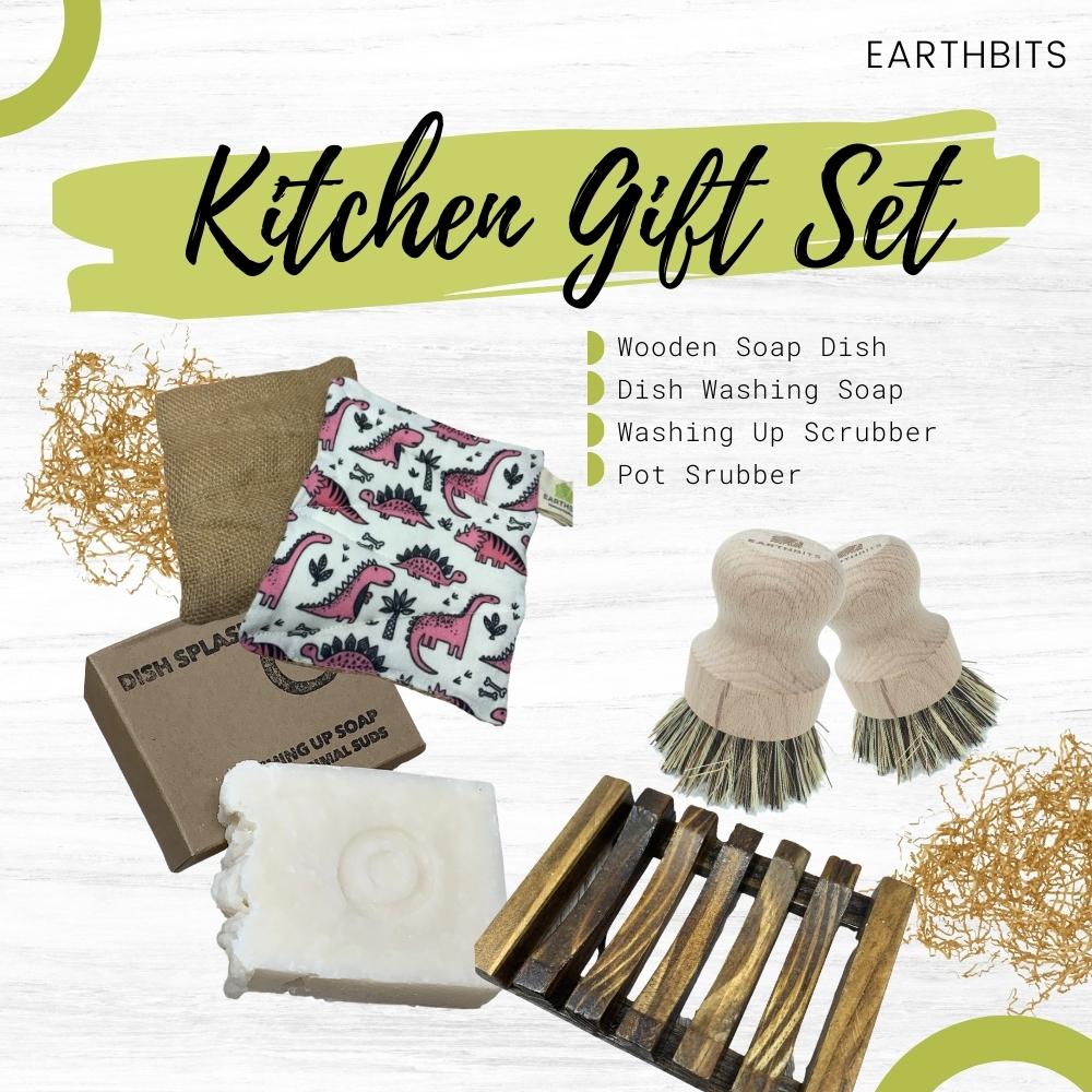 Wooden Dish, Dish Washing Soap, Kitchen Sponge and Pot Scrubber Bundle Gift Set