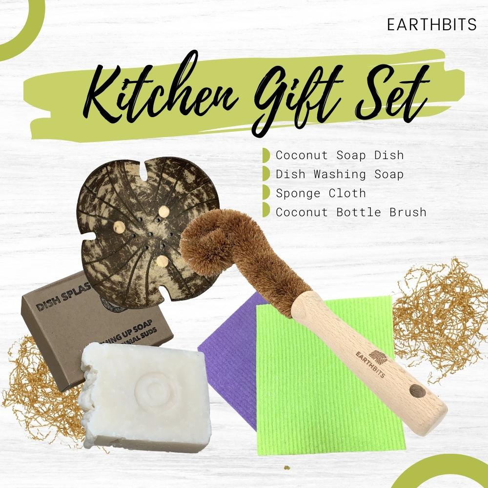 Coconut Soap Dish, Dish Washing Soap, Kitchen Cloth and Coconut Bottle Brush  Bundle Gift Set
