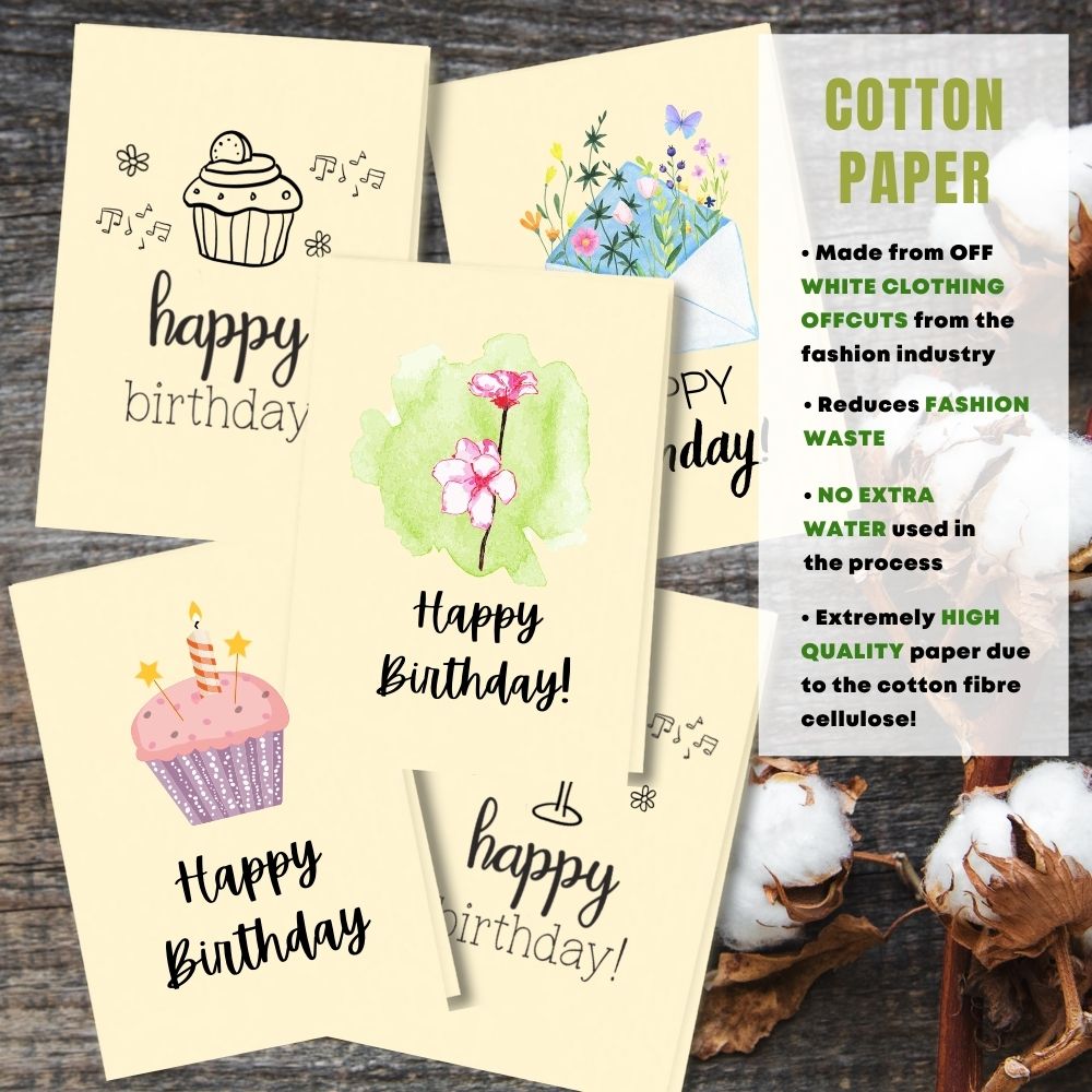 mixed pack of 5 birthday cards made with cotton pulp