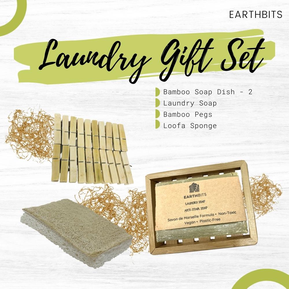 Laundry Gift Set: Bamboo Soap Dish, Laundry Soap, Bamboo Pegs and Kitchen Loofah Sponge