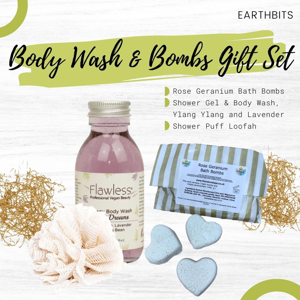 Bath Bombs, Shower Gel &amp; Body Wash, Ylang ylang &amp; Lavender and Shower puff loofah Bundle Gift Set