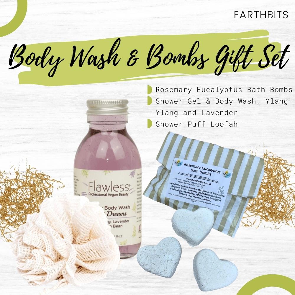Bath Bombs, Shower Gel &amp; Body Wash, Ylang ylang &amp; Lavender and Shower puff loofah Bundle Gift Set