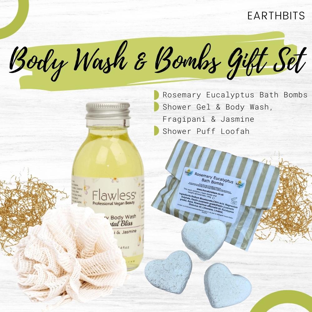 Bath Bombs, Shower Gel &amp; Body Wash Fragipani &amp; Jasmine and Shower Puff Loofah Bundle Gift Set