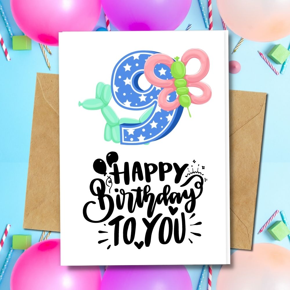 handmade 9th birthday card with balloon design made of eco friendly paper