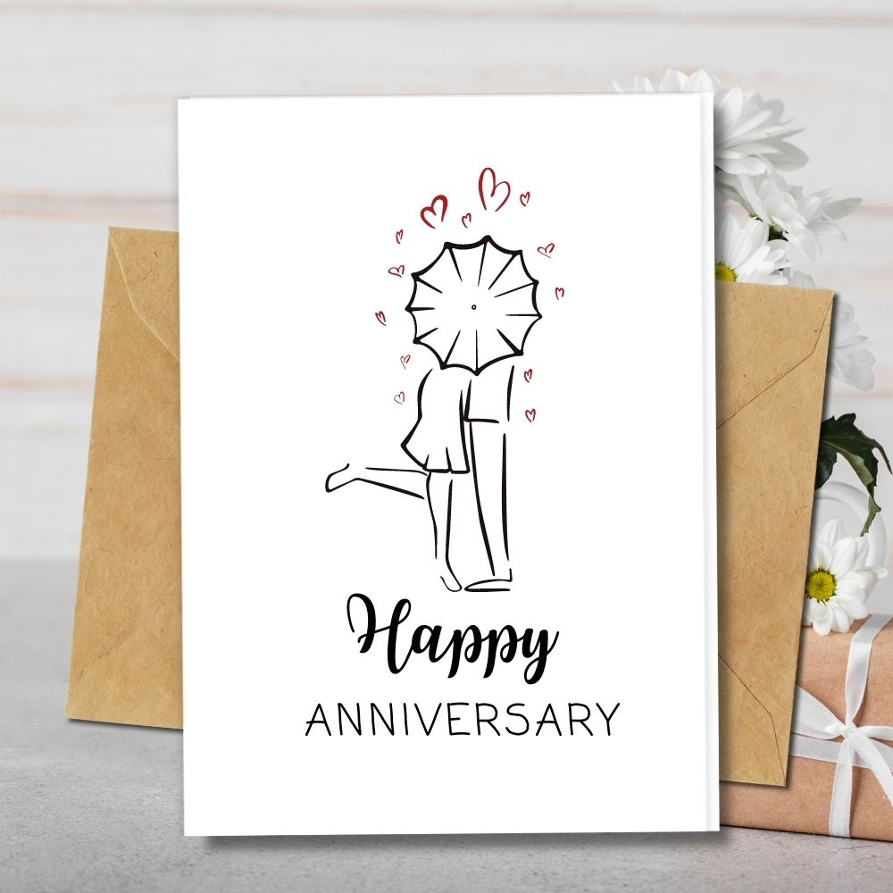 handmade cards, anniversary cards, couple under umbrella kissing in the rain greeting cards, eco friendly 100% recycled paper