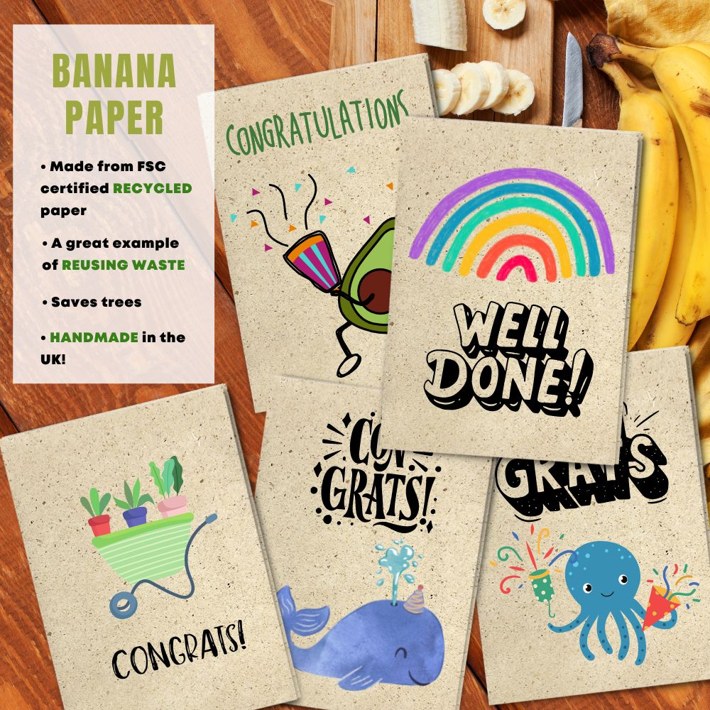 mixed pack of 5 congratulation cards made with banana paper