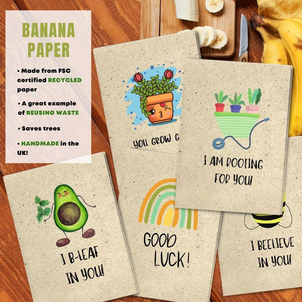 mixed pack of 5 good luck cards made with banana paper