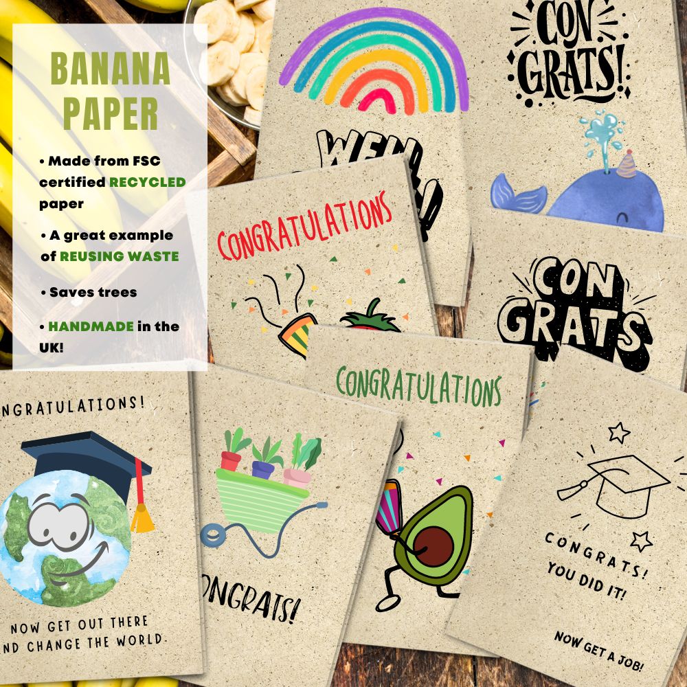 mixed pack of 8 congratulation cards made with banana paper
