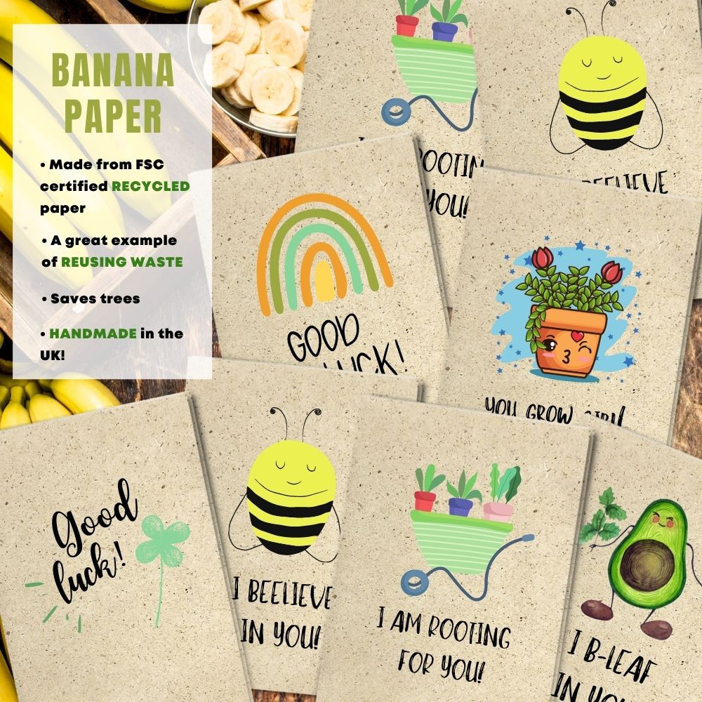 mixed pack of 8 good luck cards made with banana paper