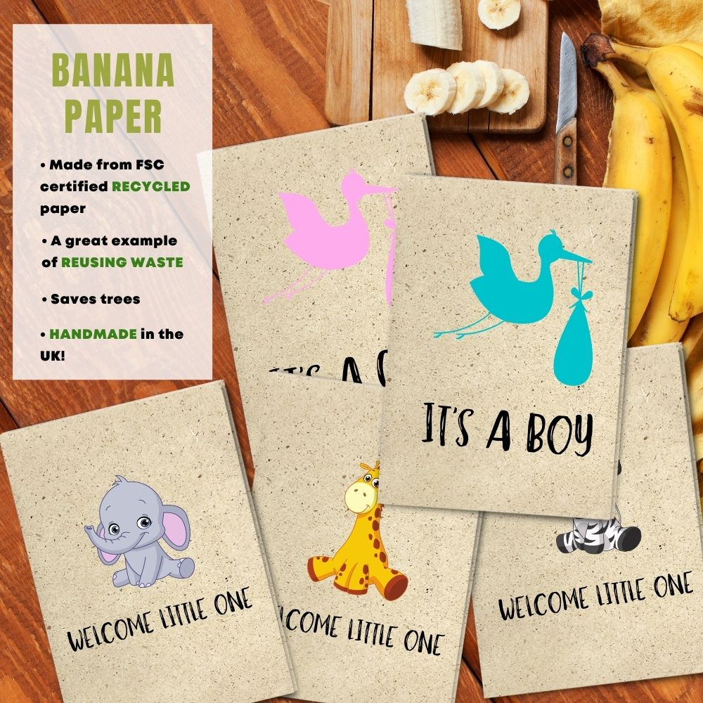 Mixed Pack of 5 New Baby Card made with banana paper