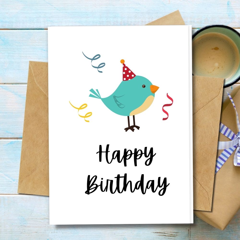 Eco friendly happy birthday card with blue bird and party hat design