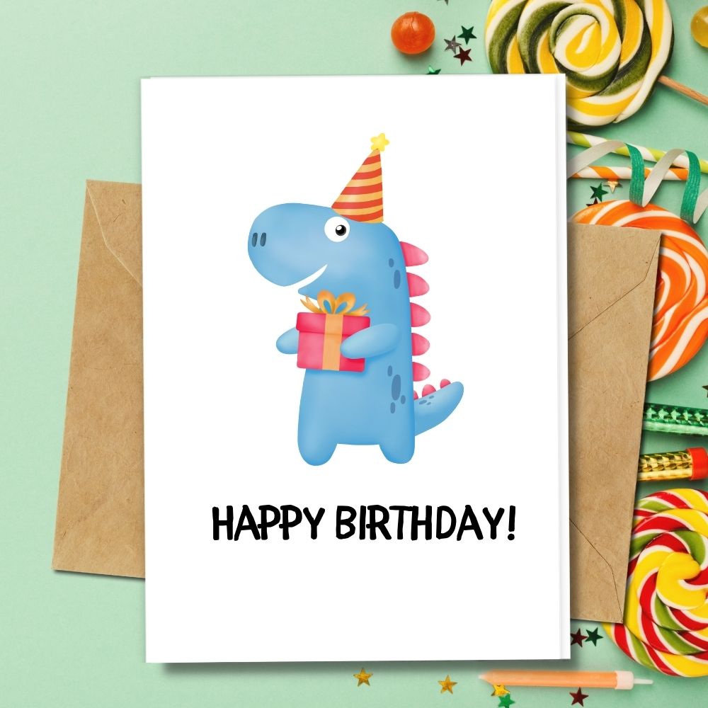 Eco friendly Animal Cards, Birthday Cards, Handmade Birthday Cards, Blue Dino party hat and gift, recycled paper