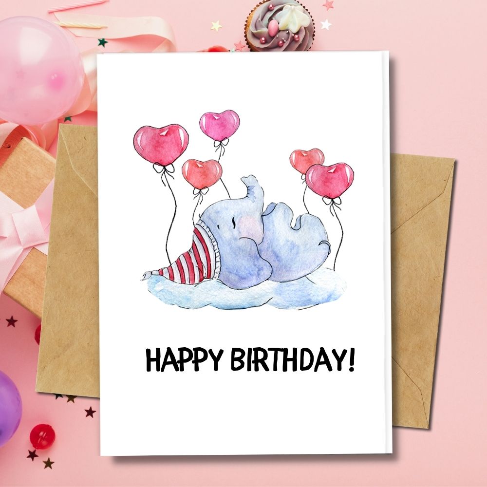 cute animal cards, elephant and heart balloon design, recycled paper, eco friendly handmade birthday cards