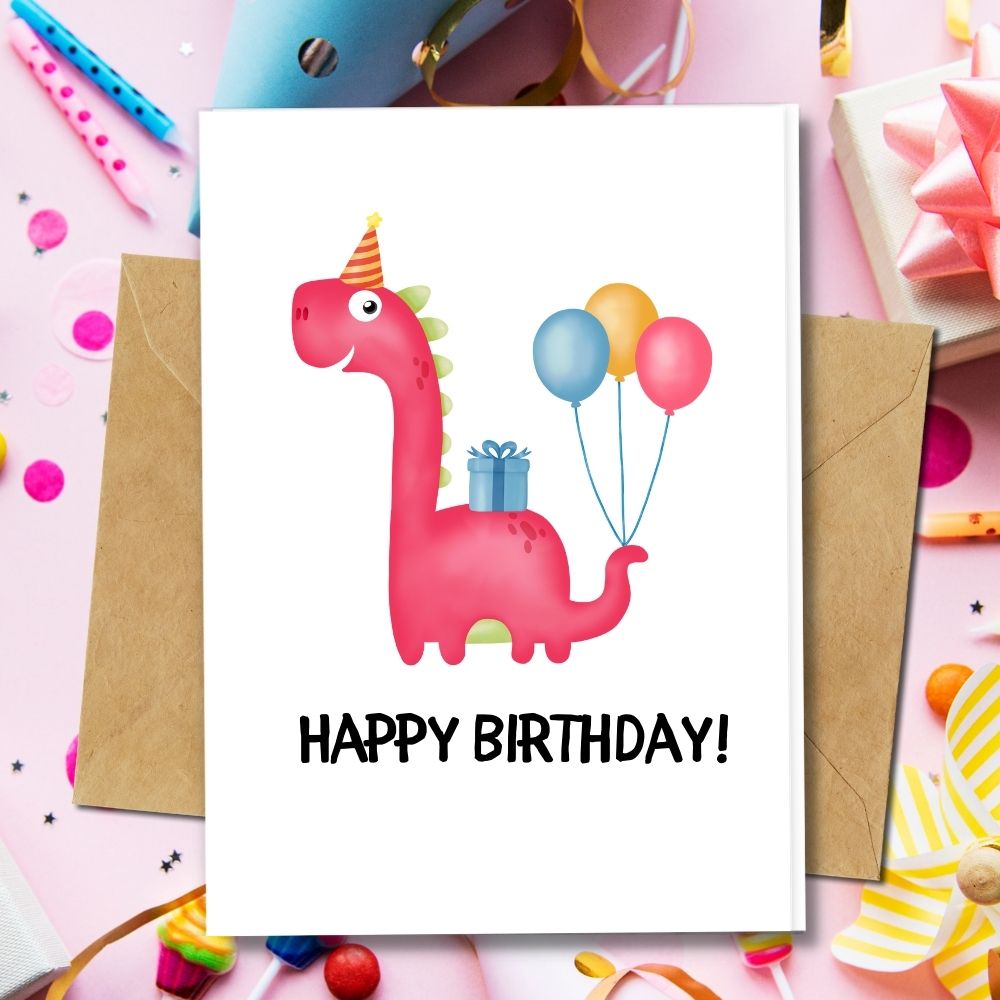 Pink Dino Animal Design, Handmade Birthday Cards, 100% recycled paper