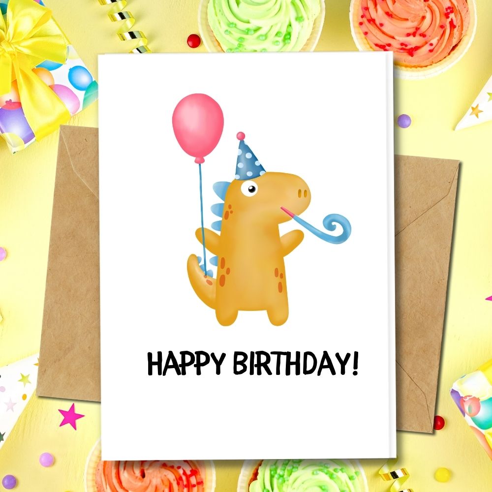 Cute Dino Animal Birthday Cards, Handmade eco friendly cards, 100% recycled paper, party design balloon and party hat