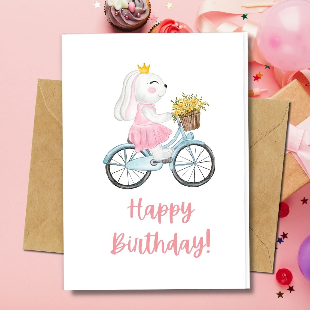 Eco friendly happy birthday cards, handmade cards, animal princess bunny with bicycle design, recycled paper