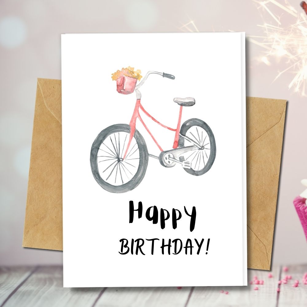 Handmade Birthday Cards, eco friendly cute bicycle and flower basket for birthday cards, 100% recycled paper