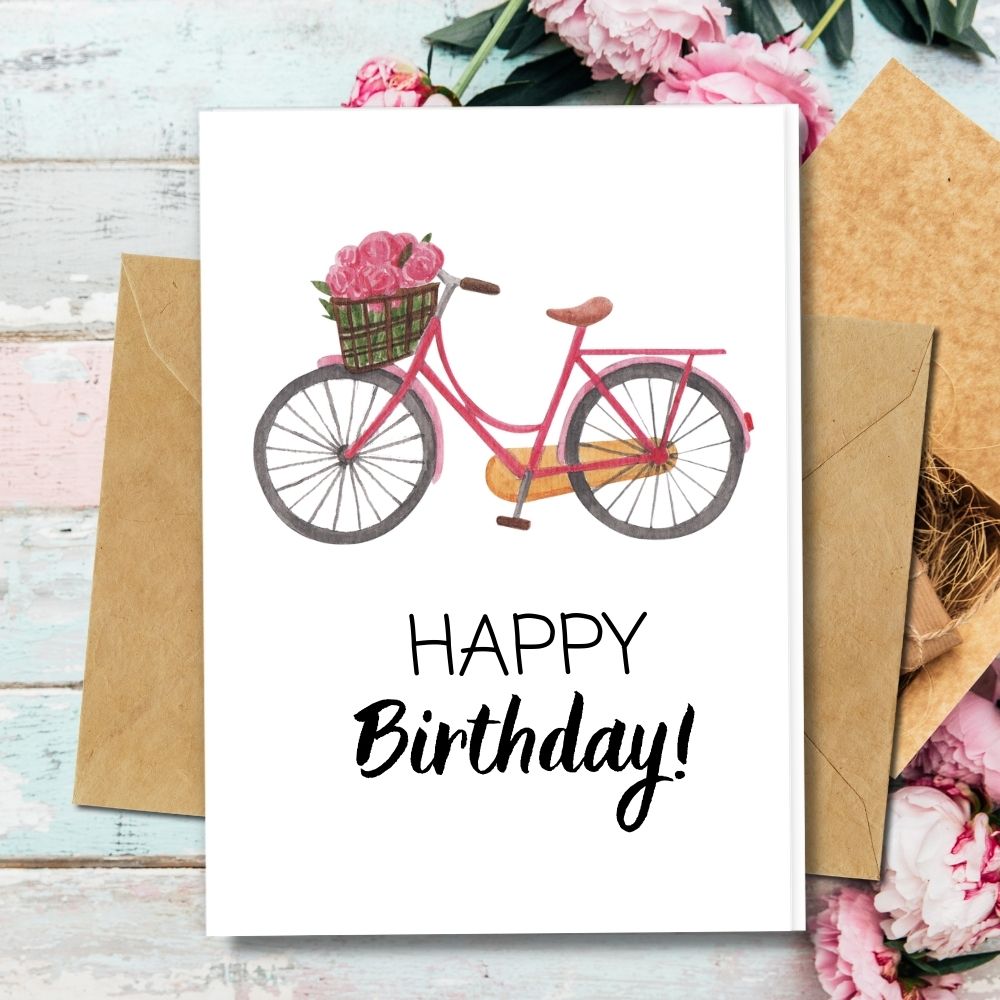 happy birthday cards, recycled paper, bicycle and flowers design, handmade cards