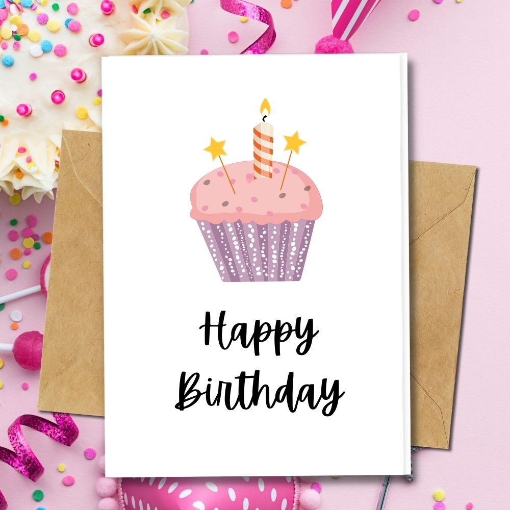 Happy Birthday Card, Pink Cupcake