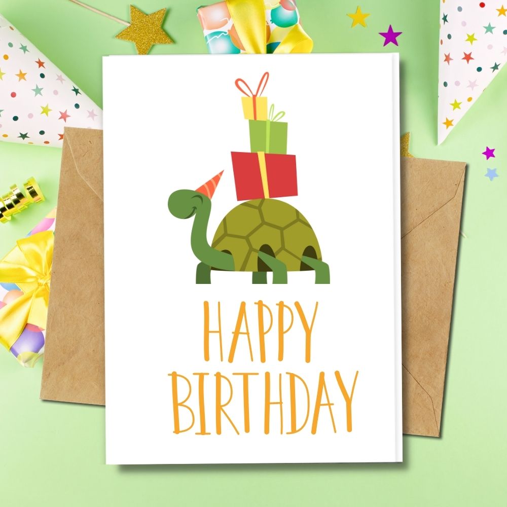 handmade birthday cards with a animal turtle and gift box design made of eco friendly paper 