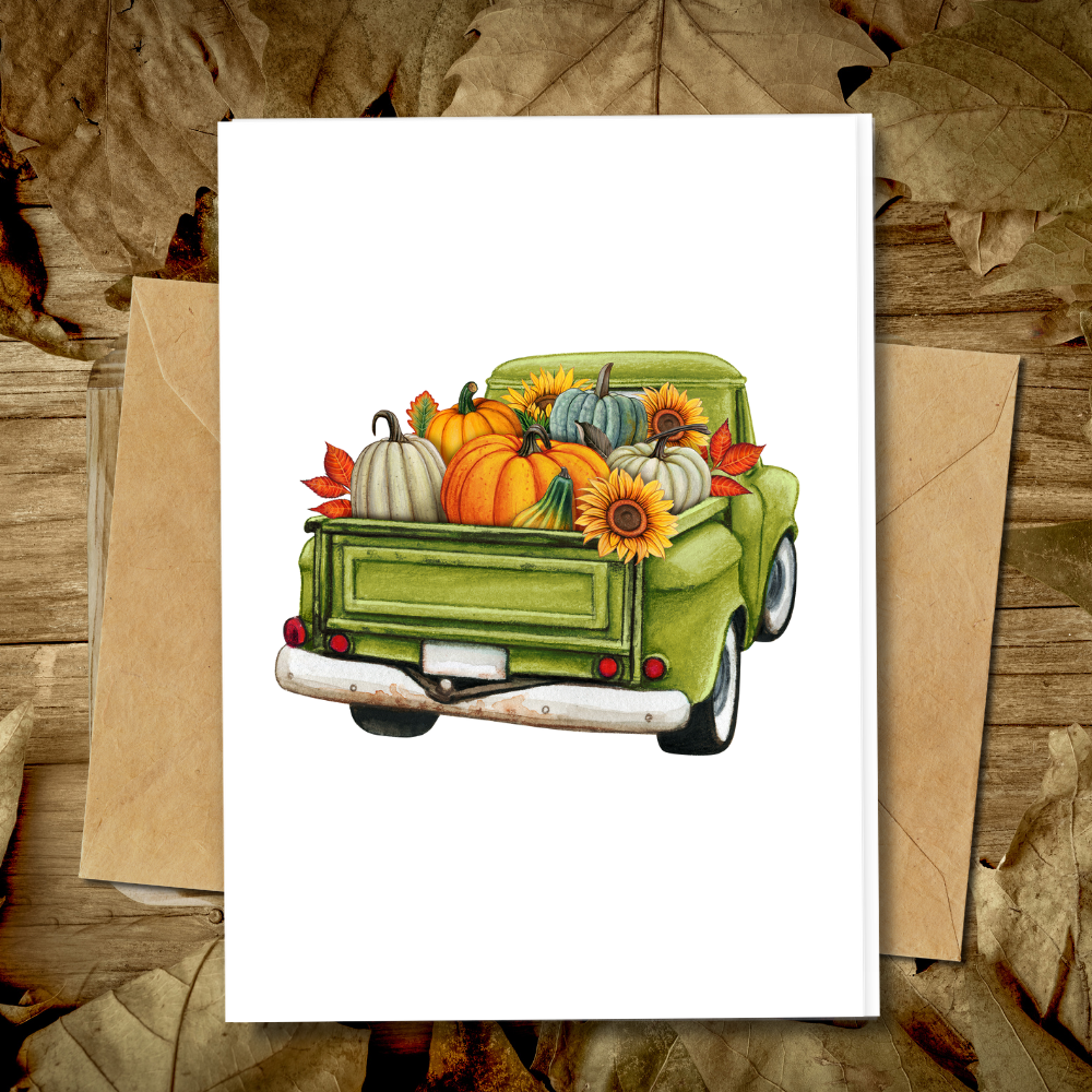 Handmade Pumpkin truck card, greeting cards, eco friendly card