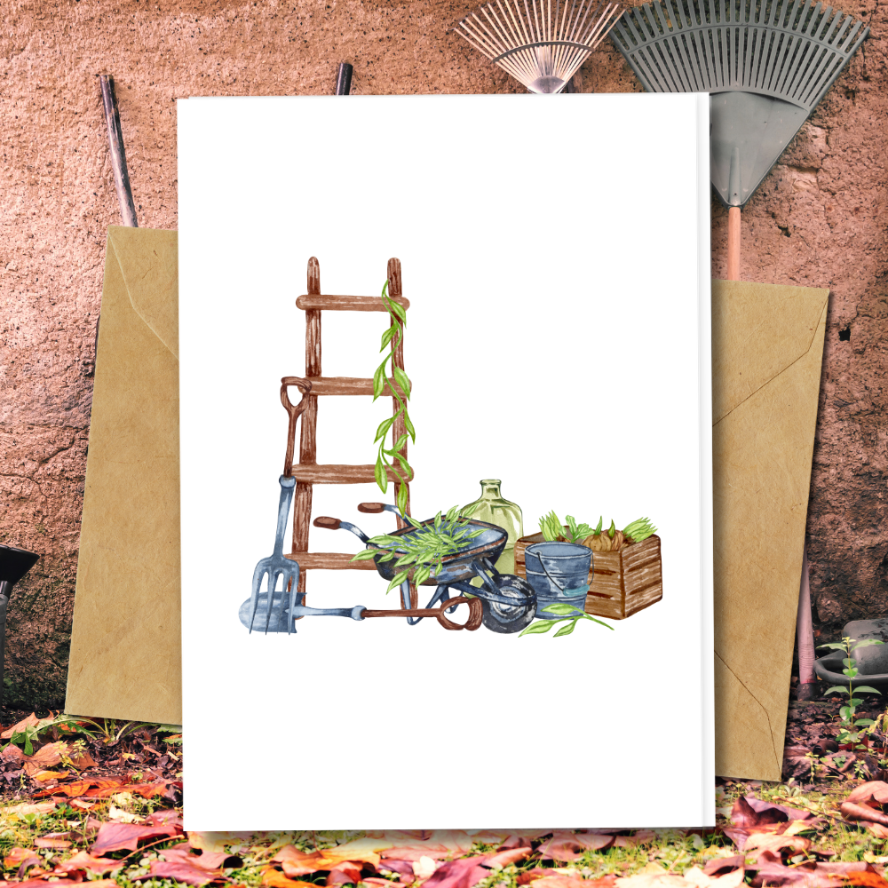 eco friendly greeting card with gardening equipment wheelbarrow, crate, ladder, seeds from wild flowers are embedded in card paper