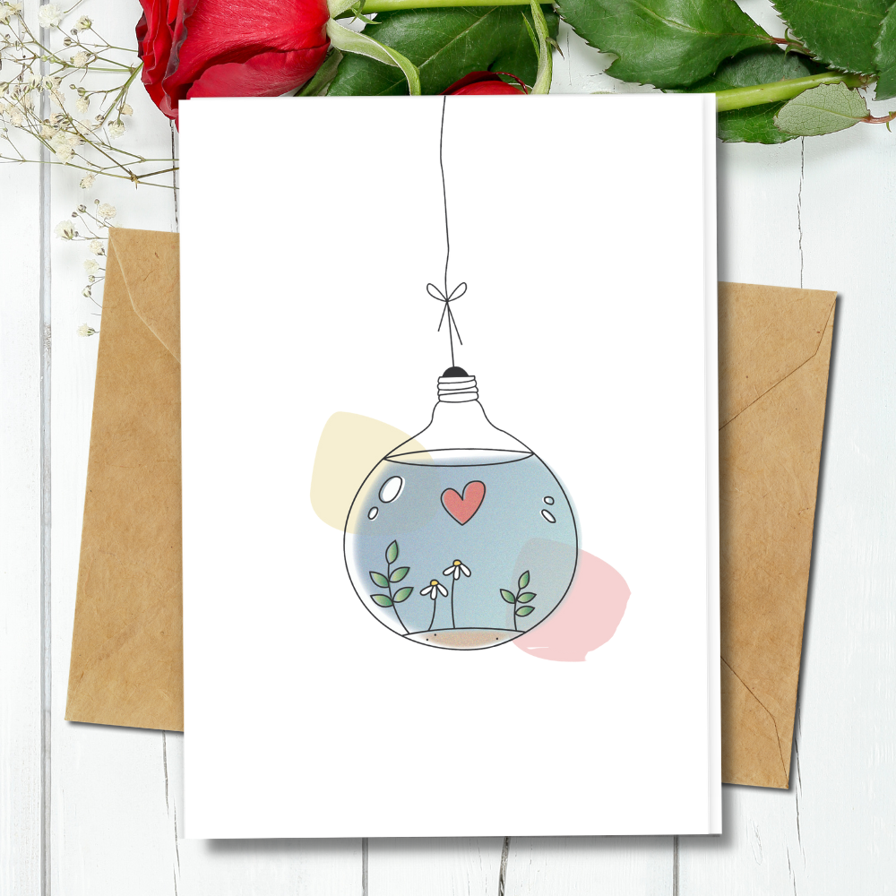 eco friendly greeting cards, cute love bulb design, handmade cards, greeting cards using recycled paper