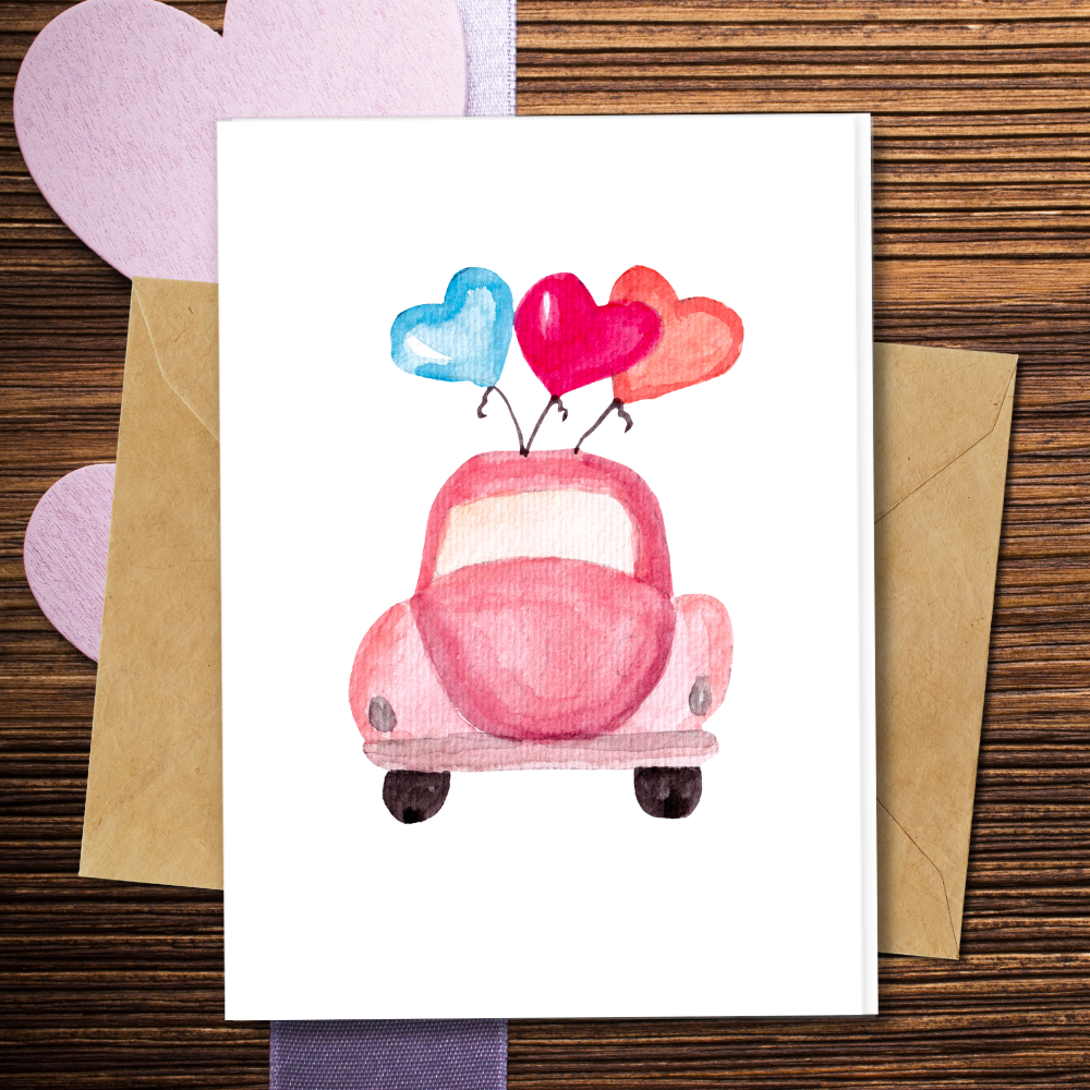 Eco friendly greeting card cute pink car and heart shape balloon design