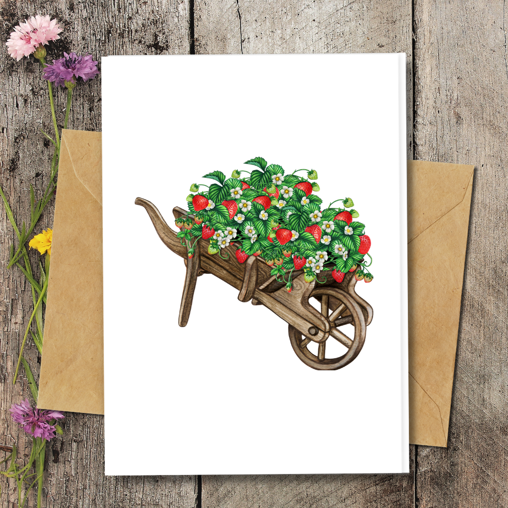 eco friendly greeting cards, handmade cards strawberries wheelbarrow design, recycled paper