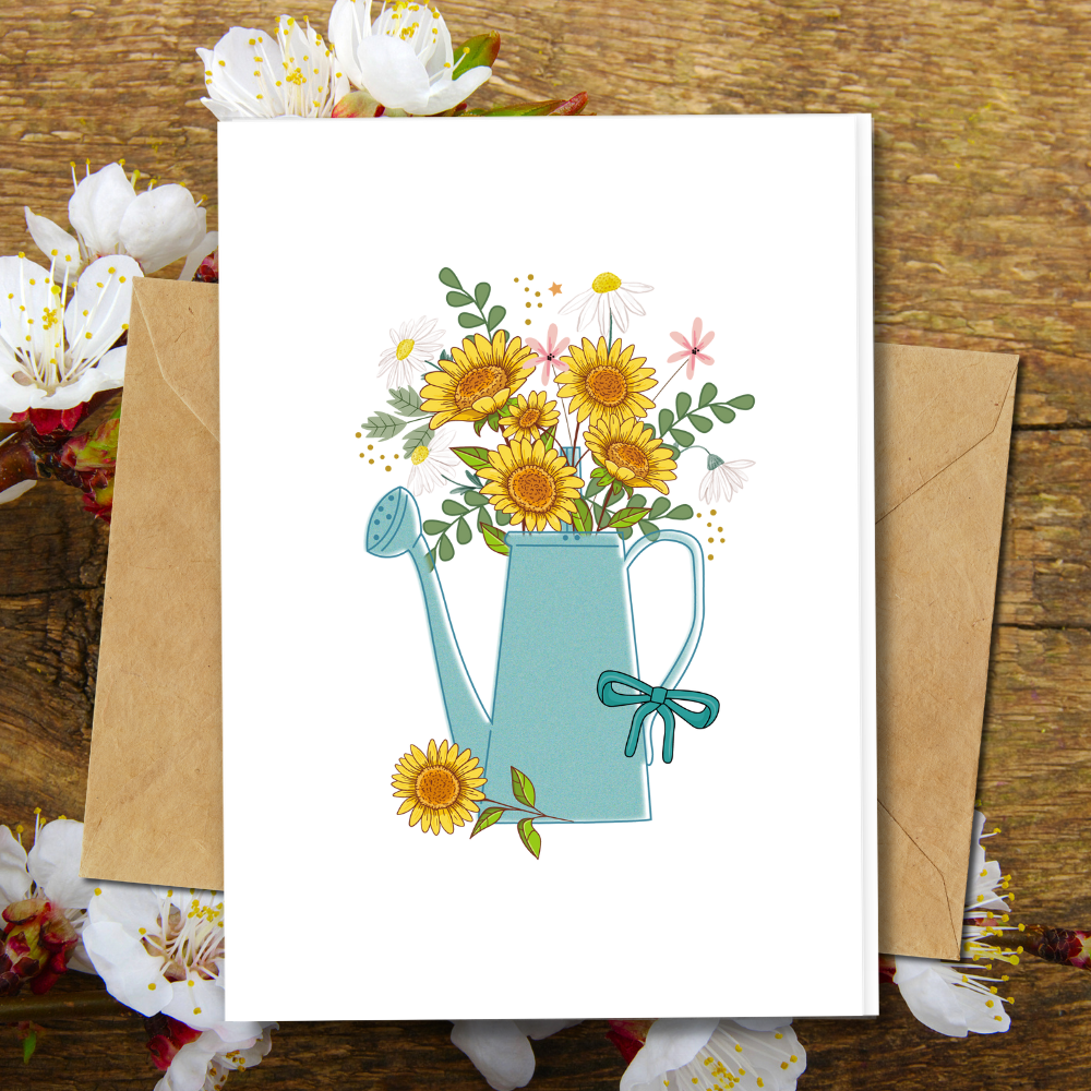 eco friendly watering can design flowers card, plastic free greeting cards, 100% recycled paper