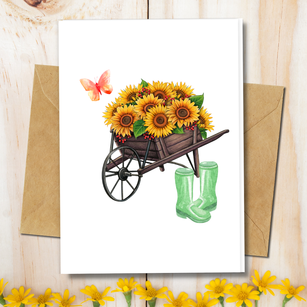 eco friendly greeting cards with sunflowers in a wheelbarrow and gardening boots