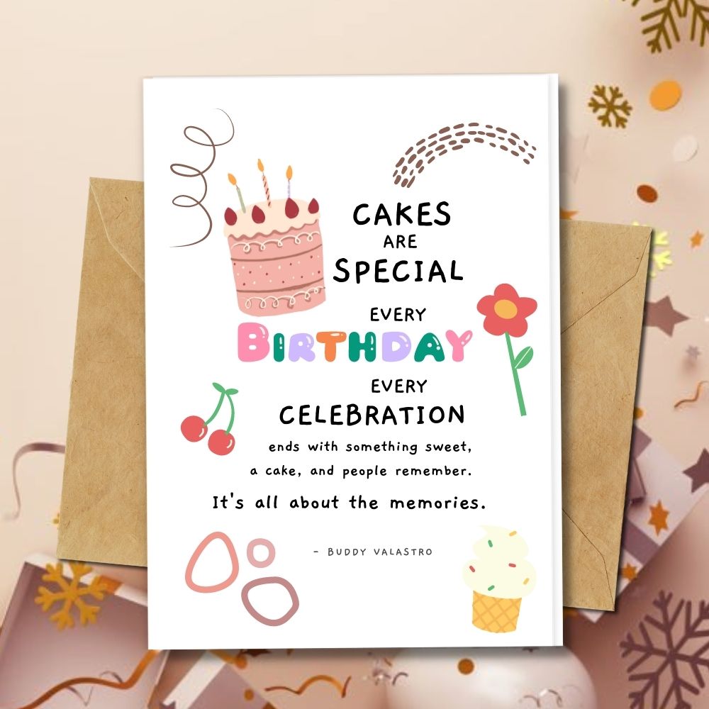 eco friendly handmade birthday card with a cake and flowers design 
