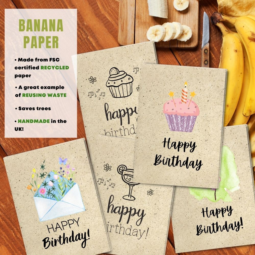 mixed pack of 5 birthday cards made with banana paper