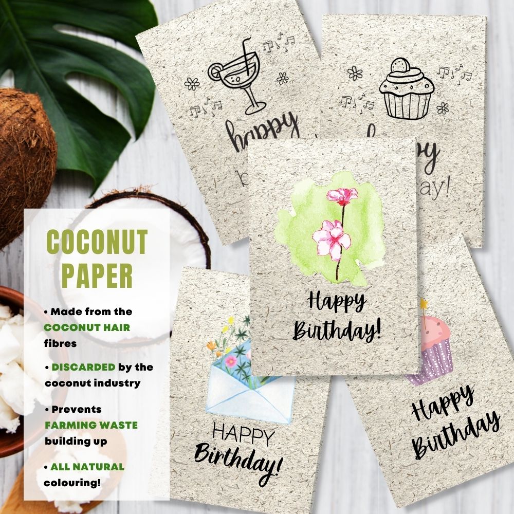 mixed pack of 5 birthday cards made with coconut husk