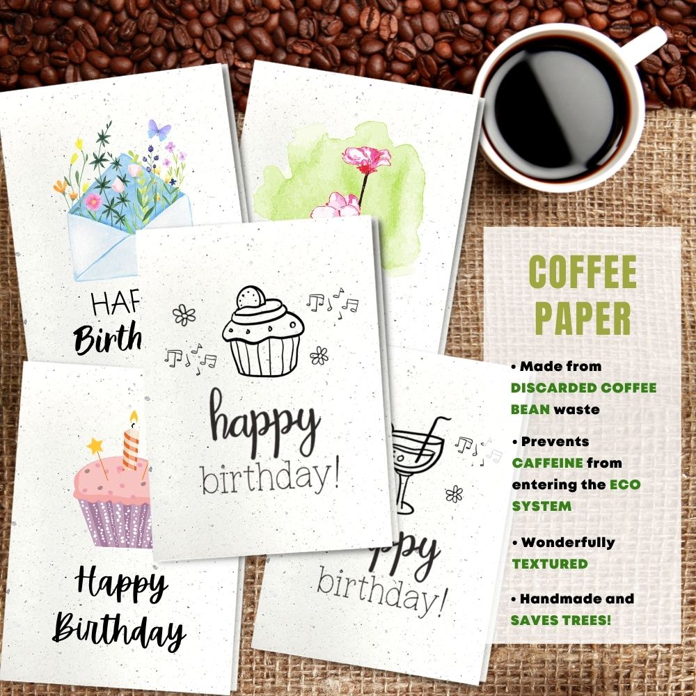 mixed pack of 5 birthday cards made with coffee husk