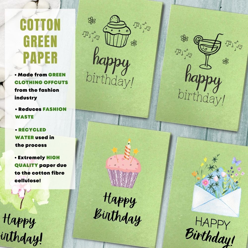 mixed pack of 5 birthday cards made with cotton waste green