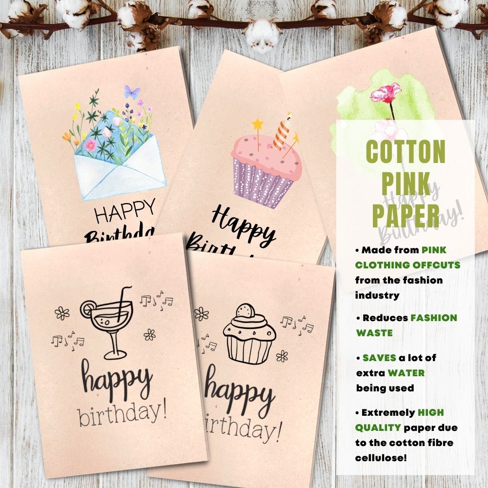 mixed pack of 5 birthday cards made with cotton waste pink