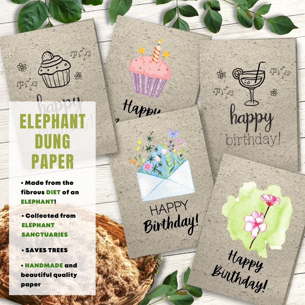 mixed pack of 5 birthday cards made with elephant poo