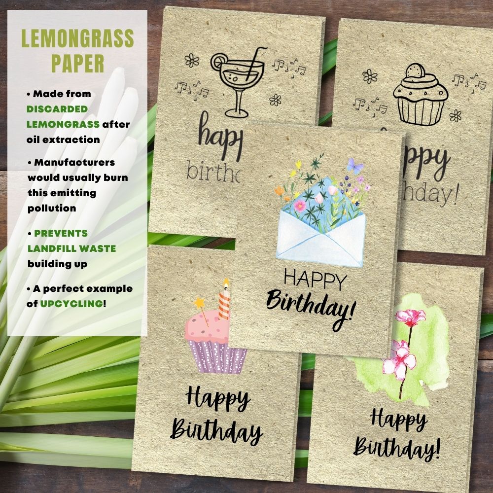 mixed pack of 5 birthday cards made with lemongrass paper
