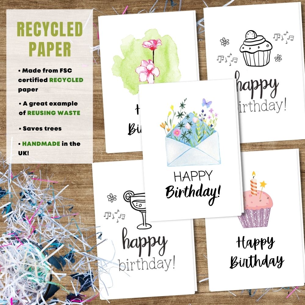 mixed pack of 5 birthday cards made with 100% recycled paper
